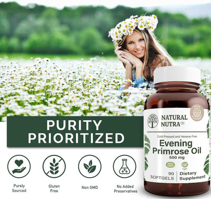 Natural Nutra Evening Primrose Oil Supplement, 500 mg, 90 Softgels | Nerve Health, Helps Reduce Skin Blemishes & Fatty Acid, Balance Body Secretions, Promote Heart Health, Skin Clarity