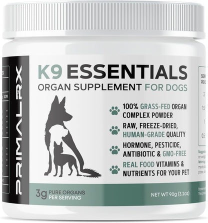 K9 Essentials Organ Supplement for Dogs, Human-Grade Grass Fed Freeze-Dried Beef Organ Powder, 9-Organ All-in-One Dog Multivitamin Meal Topper for Gut, Joint & Skin Support, 90g