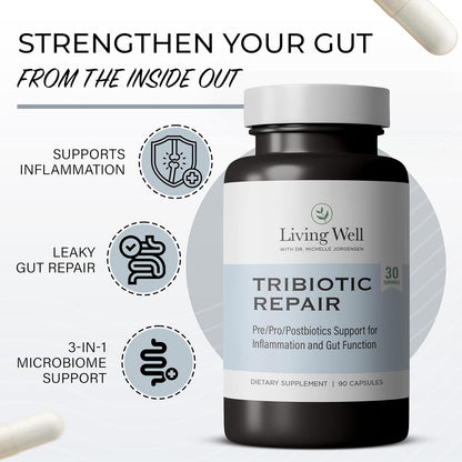 Living Well Dr. Michelle Tribiotic Repair Probiotic Prebiotic Supplement