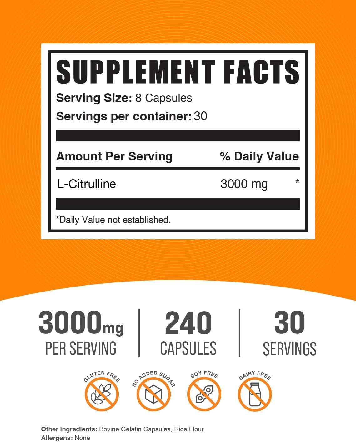 BulkSupplements.com L-Citrulline Capsules - Citrulline Supplement, L-Citrulline 3000mg Capsules - Citrulline Pills, Gluten Free - 8 Capsules per Serving, 240 Capsules (Pack of 1)