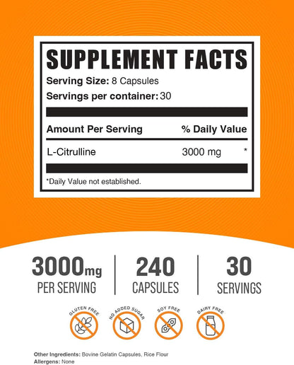 BulkSupplements.com L-Citrulline Capsules - Citrulline Supplement, L-Citrulline 3000mg Capsules - Citrulline Pills, Gluten Free - 8 Capsules per Serving, 240 Capsules (Pack of 1)