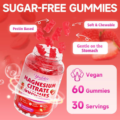 Magnesium Citrate Gummies, High Absorption Magnesium Gummies for Adults | Magnesium Supplement for Relaxation, Vegan, Sugar-Free, Strawberry Flavor, 60 Count