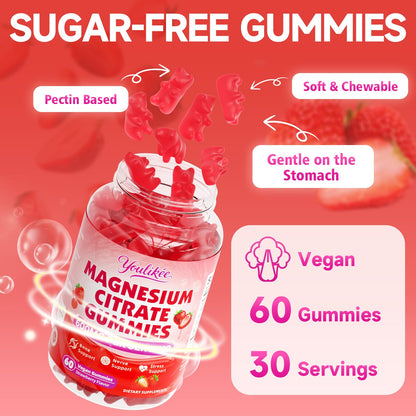 Magnesium Citrate Gummies, High Absorption Magnesium Gummies for Adults | Magnesium Supplement for Relaxation, Vegan, Sugar-Free, Strawberry Flavor, 60 Count