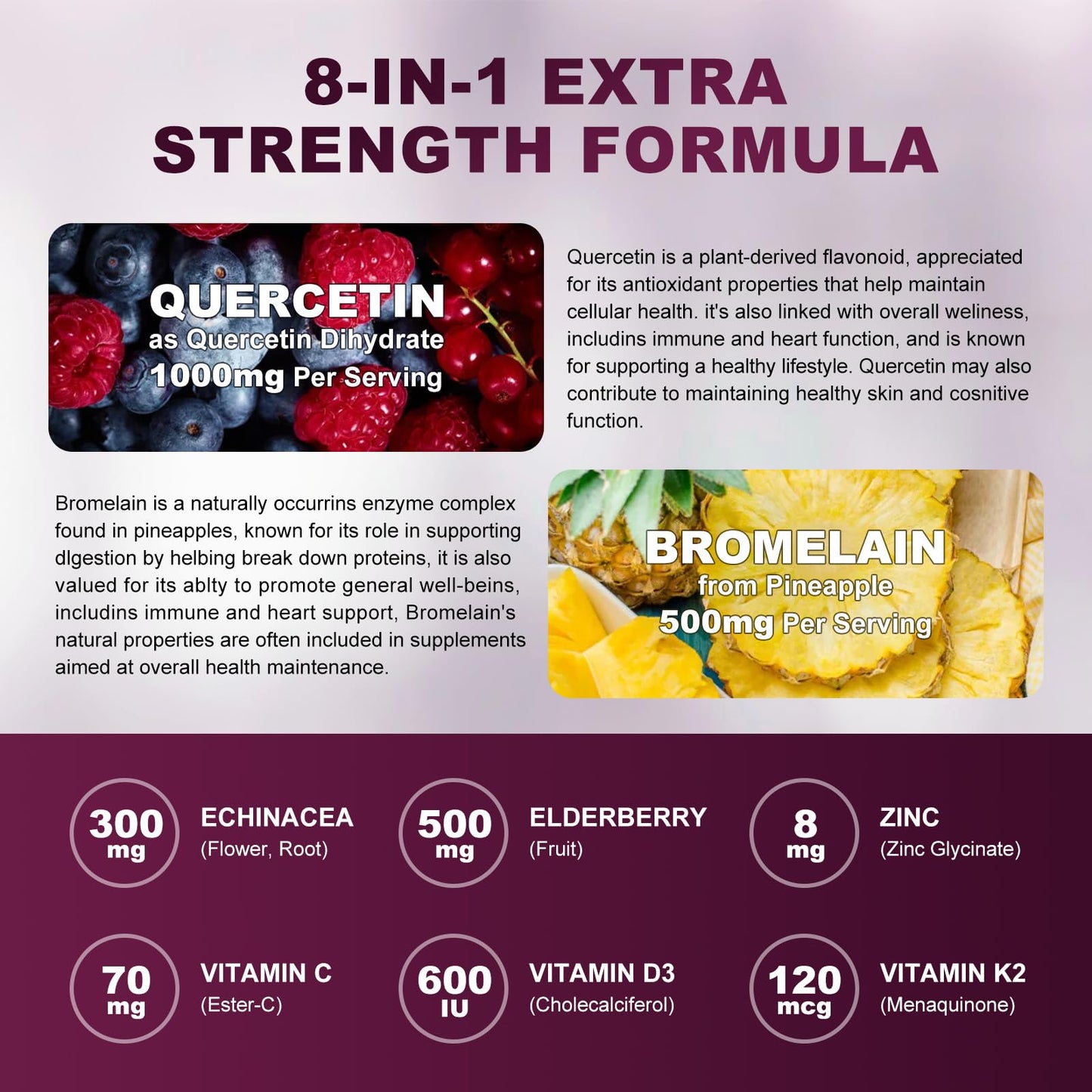 (2 Pack) Quercetin Gummies - Quercetin with Bromelain 2378mg - Blend with Elderberry, Echinacea Purpurea Extract, Zinc, Vitamin C,D3,K2, Complex Supports Immune, Cardiovascular & Respiratory Function