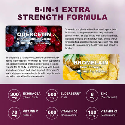 (2 Pack) Quercetin Gummies - Quercetin with Bromelain 2378mg - Blend with Elderberry, Echinacea Purpurea Extract, Zinc, Vitamin C,D3,K2, Complex Supports Immune, Cardiovascular & Respiratory Function