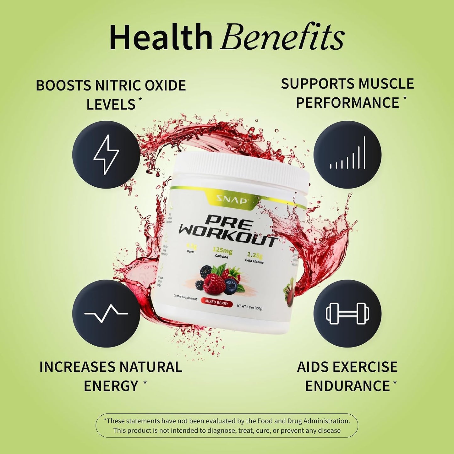 Snap Supplements Beet Root Powder Natural Pre Workout for Men Women, 30 SRV | Plant-Based Energy, Nitric Oxide , Blood Flow, & Endurance Support - Clean Pre Workout for Active Adults, Vegan, Sugar-Free