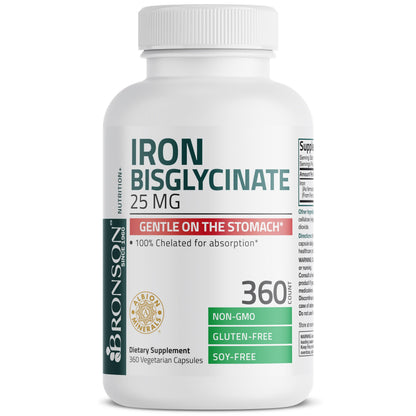 Bronson Iron Bisglycinate 25 mg, 90 Vegetarian Capsules | Gentle on the Stomach, Non-Constipating, Supports Energy & Red Blood Cell Production, Non-GMO, Gluten-Free & Soy-Free