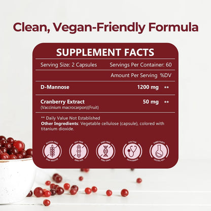 NATURE TARGET D-Mannose 1200mg Supplements with Cranberry - 120 Capsules | D Mannose for Women Promotes Urinary Tract Health, Bladder Cleanliness & Antioxidant Support - Non-GMO, Gluten-Free & Vegan