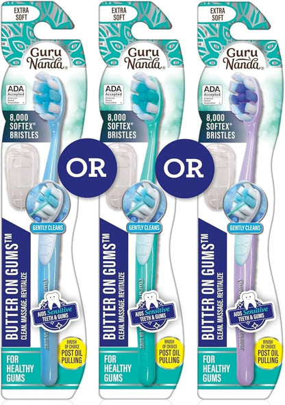 GuruNanda Butter On Gums Toothbrush, ADA Accepted, with 8000+ Ultra Soft Softex Bristles for Sensitive & Receding Gums, Perfect for Whiter Teeth, 8 Ct