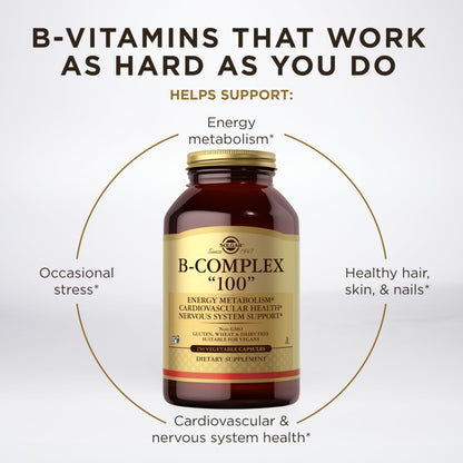 Solgar B-Complex "100", 100 Vegetable Capsules - Nervous System Support - Supports Energy Metabolism - Non-GMO, Vegan, Gluten Free, Dairy Free, Kosher - 100 Servings