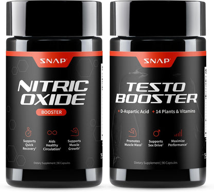 Snap Supplements Nitric Oxide Booster + Testo Booster Supplement Bundle for Men, 90 Vegetarian Capsules Each