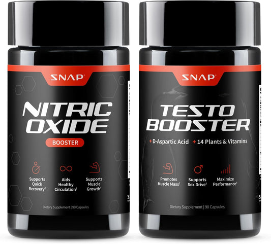 Snap Supplements Nitric Oxide Booster + Testo Booster Supplement Bundle for Men, 90 Vegetarian Capsules Each