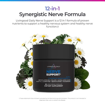 Livingood Daily Nerve Support Supplement for Women & Men, 12-in-1 Nerve Health Formula with Methylated B12, Folate, Benfotiamine, Alpha Lipoic Acid & Feverfew, Gluten Free, Non-GMO, 60 Capsules