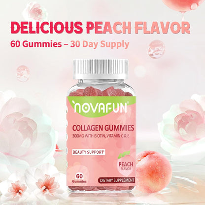 Collagen Gummies for Women - 300mg Collagen with Biotin, Vitamins C & E - Hair, Skin & Nails Supplement - Gluten Free, Vegetarian, Peach Flavor, 60 Gummies