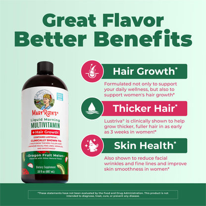 MARYRUTH'S Liquid Multivitamin + Hair Growth | Clinically Tested in Women for Thicker Hair & Facial Wrinkles | Biotin 10000mcg | Lustriva Hair Growth Supplements | Skin Care | Ages 18+ | 15.22 Fl Oz