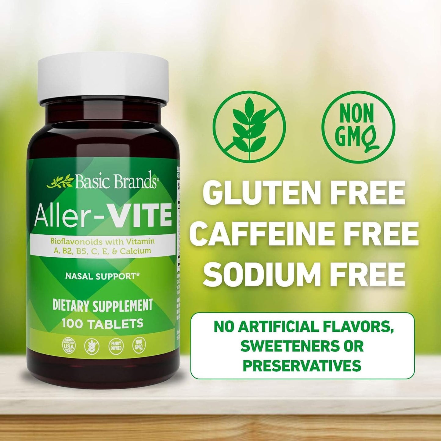 Basic Brands Aller Vite Nasal Support Tablets, 100 Tablets | Seasonal Allergy Relief, High Bioflavonoid Complex with Vitamins and Calcium, Gluten Free, Daily Supplement