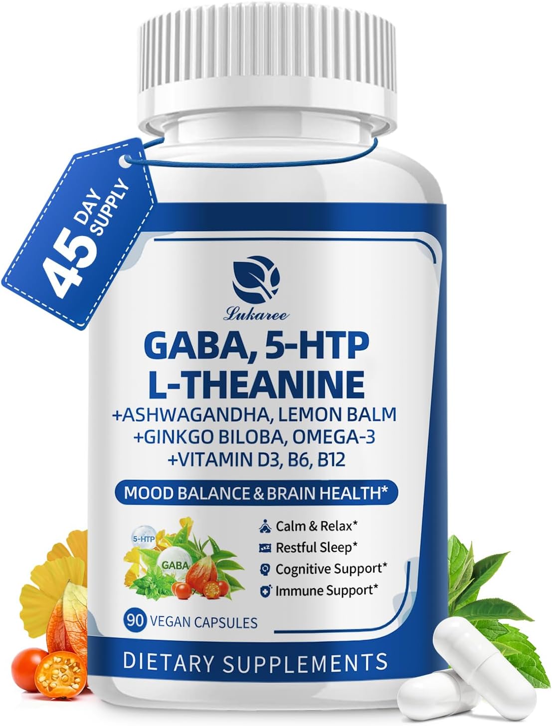 GABA Supplements 750mg with L-Theanine & Ashwagandha for Calm & Sleep 90CT | 10 in 1 Calm Capsules with 5HTP, Lemon Balm, Ginkgo Biloba, Omega-3 for Relaxation, Focus, Mood Support, Cortisol Balance