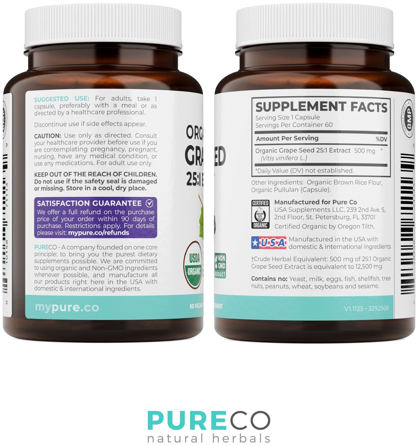 PURE CO USDA Organic Grape Seed Extract - High Potency 25:1 Grapeseed Supplement with 12,500mg Herbal Equivalent Strength - Antioxidant Support - Vegan & Non-GMO (4 Month Supply)