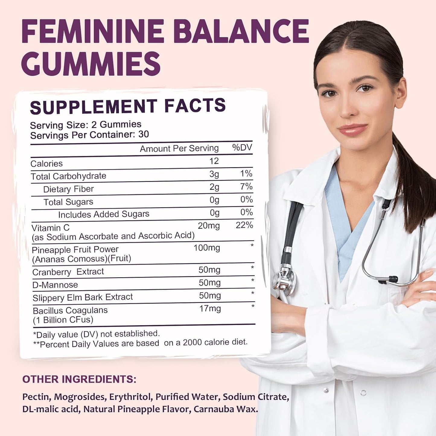 Feminine Balance Probiotic Gummies for Women – Support Vaginal Health, pH Balance, Freshness & Digestive Health – with Pineapple, Slippery Elm, Cranberry, D-Mannose – Sugar-Free, Pineapple Flavor
