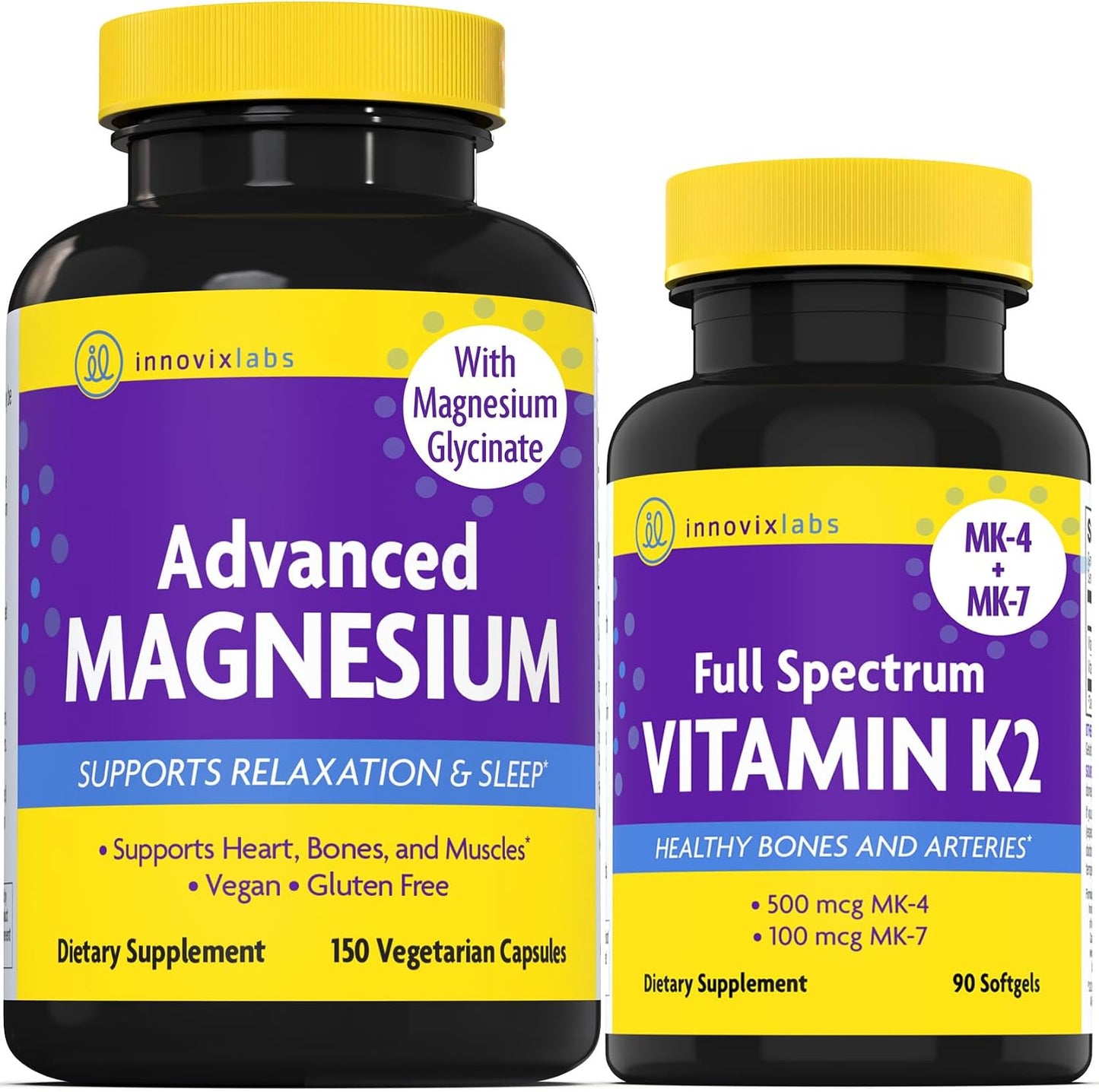 InnovixLabs Vitamin K2 & Magnesium Bundle Full Spectrum Vitamin K2 (90 softgels) Advanced Magnesium (150 Time-Release Capsules). Supports Healthy Bones & Arteries. *