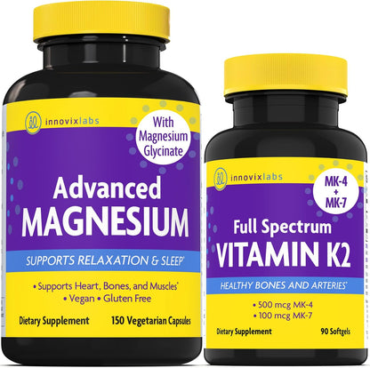 InnovixLabs Vitamin K2 & Magnesium Bundle Full Spectrum Vitamin K2 (90 softgels) Advanced Magnesium (150 Time-Release Capsules). Supports Healthy Bones & Arteries. *