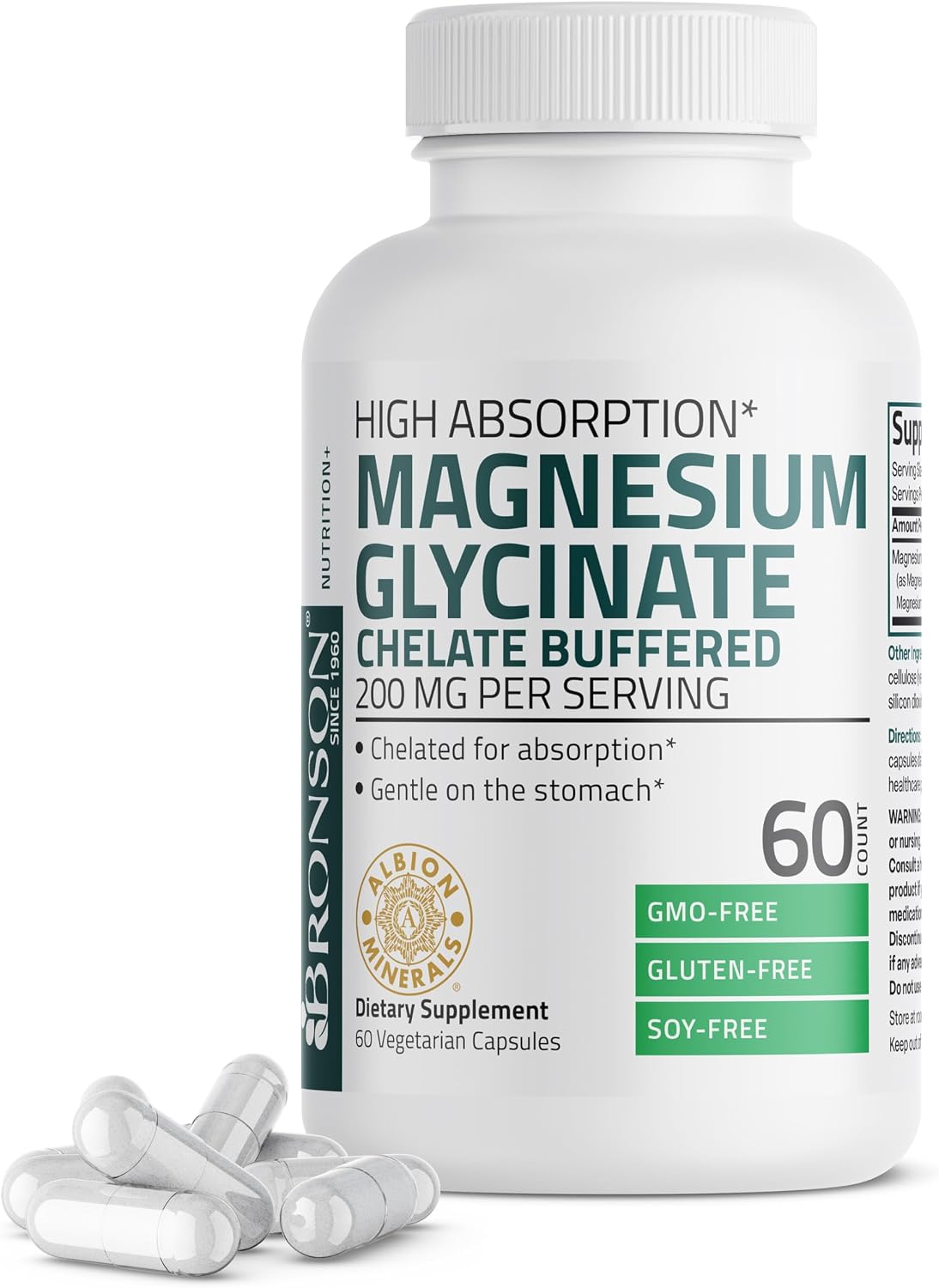 Bronson Magnesium Glycinate 200 MG Chelated High Absorption, 60 Capsules | Stress Relief, Sleep, Heart Health, Nerves, Muscles, and Metabolism Support, Vegetarian, Non-GMO, Gluten Free, Soy Free