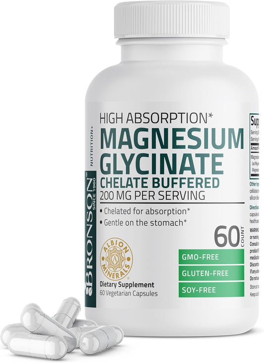 Bronson Magnesium Glycinate 200 MG Chelated High Absorption, 60 Capsules | Stress Relief, Sleep, Heart Health, Nerves, Muscles, and Metabolism Support, Vegetarian, Non-GMO, Gluten Free, Soy Free