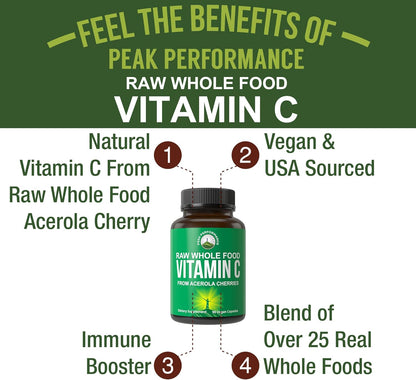 Peak Performance Raw Whole Food Natural Vitamin C Capsules from Acerola Cherry for Max Absorption. Vegan USA Sourced Vitamin C Supplement 90 Pills. 500 mg Serving or 2 Servings 1000mg