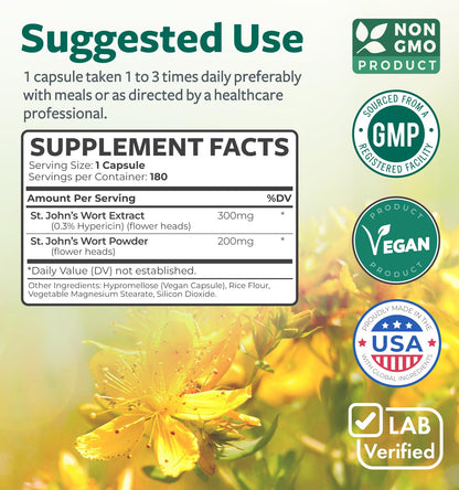 St John's Wort Capsules - Powerful & Potent Saint John's Wort Extract & Whole Herb Complex Standardized to 900mcg Hypericin for Balancing Daily Mood Support - Vegan Non-GMO & Lab Verified (120 Caps)