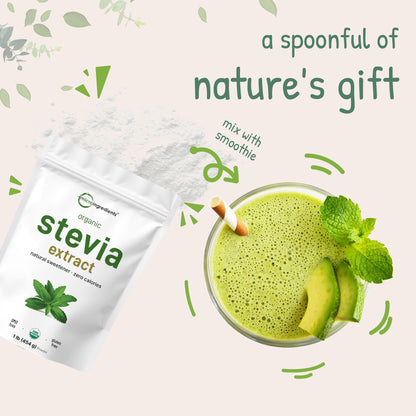 Micro Ingredients Pure Organic Stevia Powder, 8 Ounces, 1418 Serving, Highest Grade Green Leaf Extract Reb-A, Reduced Bitter Aftertaste, 0 Calorie, Natural Sweetener, Sugar Alternative, Keto Friendly