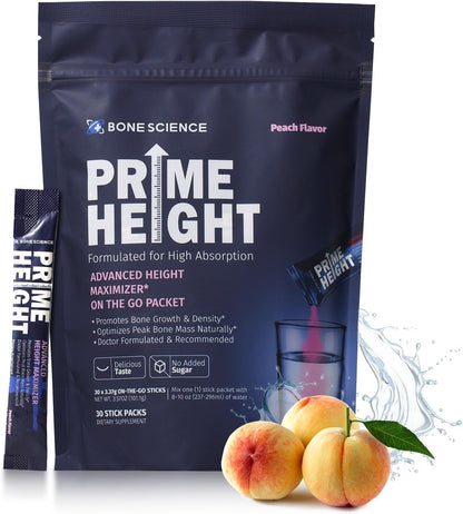 BONE SCIENCE Primeheight Multivitamin Powder for Kids & Teens, Bone & Immune Support, Sugar-Free Peach Flavor, 16 Key Nutrients, Easy Drink Mix, 30 Sticks