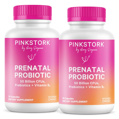 Pink Stork Prenatal Probiotic for Women with 50 Billion CFU, 30 Capsules | Added Vitamin B6 + Prebiotics, Morning Sickness Support, Vegan & Gluten-Free, Digestive, Immune, + Gut Health