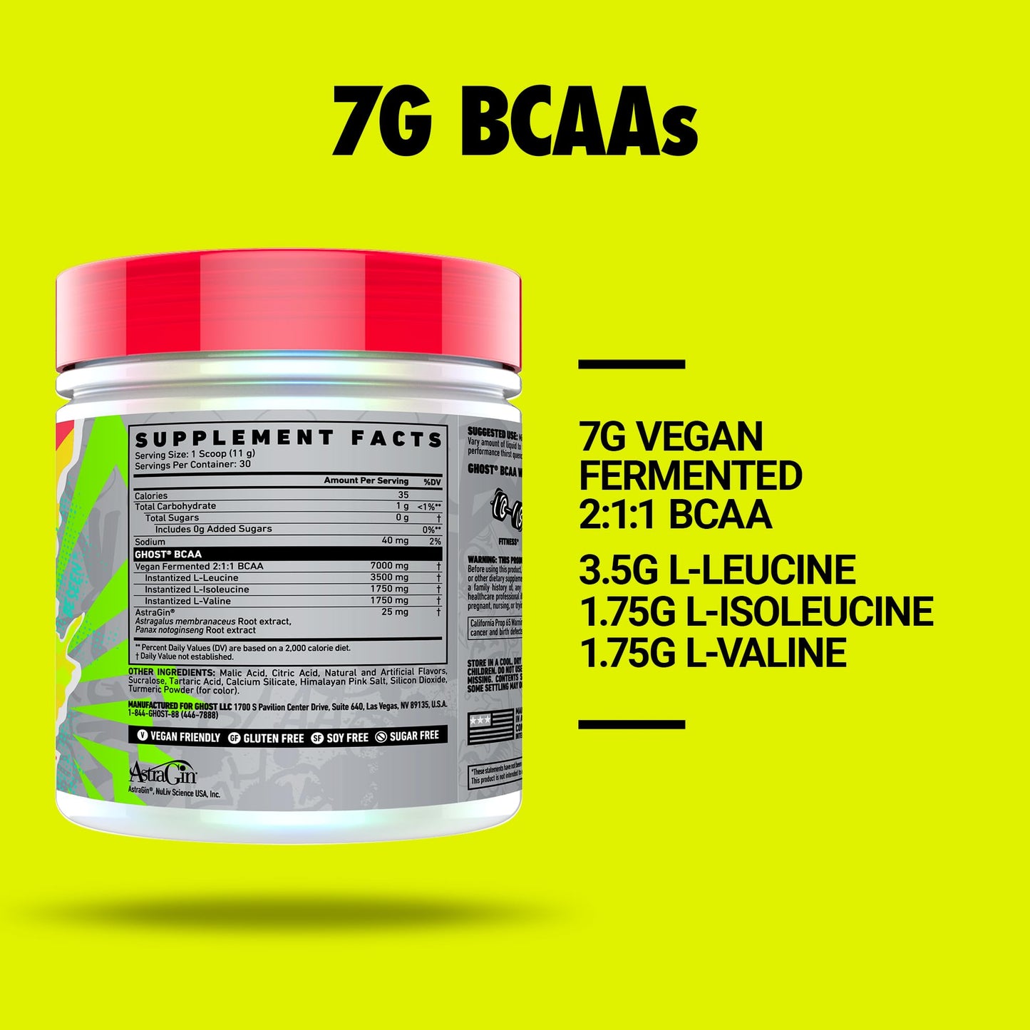GHOST BCAA Powder Amino Acids Supplement, Sour Strips - 30 Servings - Sugar-Free Intra, Post & Pre Workout Amino Powder & Recovery Drink, 7G BCAA