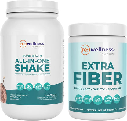 Reignite Wellness by JJ Virgin Bone Broth All-in-One Shake (Chocolate) and Extra Fiber Powder Supplement