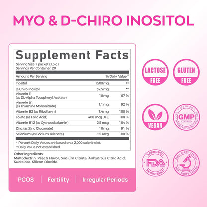 Gynable Myo-Inositol & D-Chiro Inositol Supplement for Women - 40:1 Ratio, Peach Powder Drink Mix Stick Packets, Support Healthy Cycles, Hormonal Balance & Ovarian Health, 20 Servings