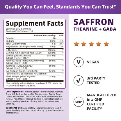 Saffron Gummies 88.5mg with L-Theanine 200mg, GABA for Mood, Focus & Vision | 10-in-1 Supplements for Adults with Ashwagandha, Eye Support Blend, GMP Certified, Sugar Free, Vegan, 60 Day Supply