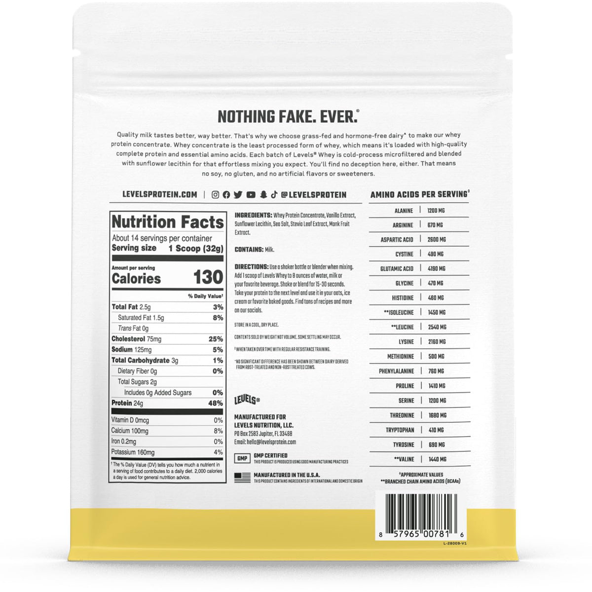 Levels Grass Fed 100% Whey Protein, No Hormones, Vanilla Bean, 1LB