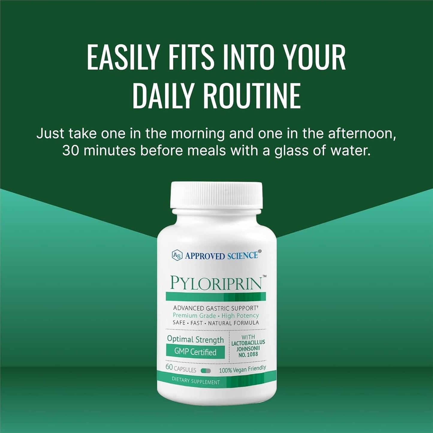 Approved Science Pyloriprin - Advanced Digestive Support for A Healthy Stomach - Zinc L-Carnosine, Probiotic, Broccoli Sprout, Deglycyrrhized Licorice - 60 Capsules - One Month Supply - Vegan