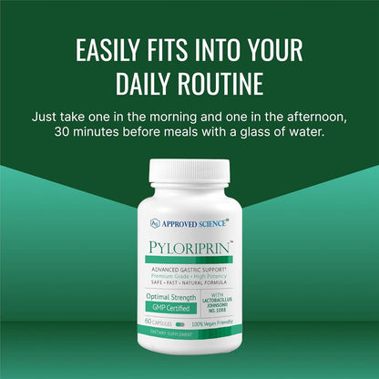 Approved Science Pyloriprin - Advanced Digestive Support for A Healthy Stomach - Zinc L-Carnosine, Probiotic, Broccoli Sprout, Deglycyrrhized Licorice - 60 Capsules - One Month Supply - Vegan