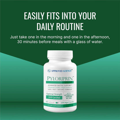 Approved Science Pyloriprin - Advanced Digestive Support for A Healthy Stomach - Zinc L-Carnosine, Probiotic, Broccoli Sprout, Deglycyrrhized Licorice - 60 Capsules - One Month Supply - Vegan