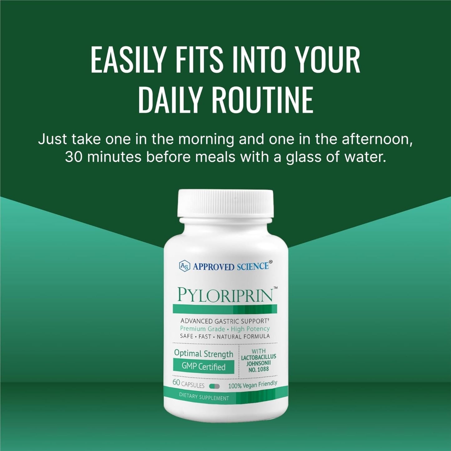 Approved Science Pyloriprin - Advanced Digestive Support for A Healthy Stomach - Zinc L-Carnosine, Probiotic, Broccoli Sprout, Deglycyrrhized Licorice - 60 Capsules - One Month Supply - Vegan