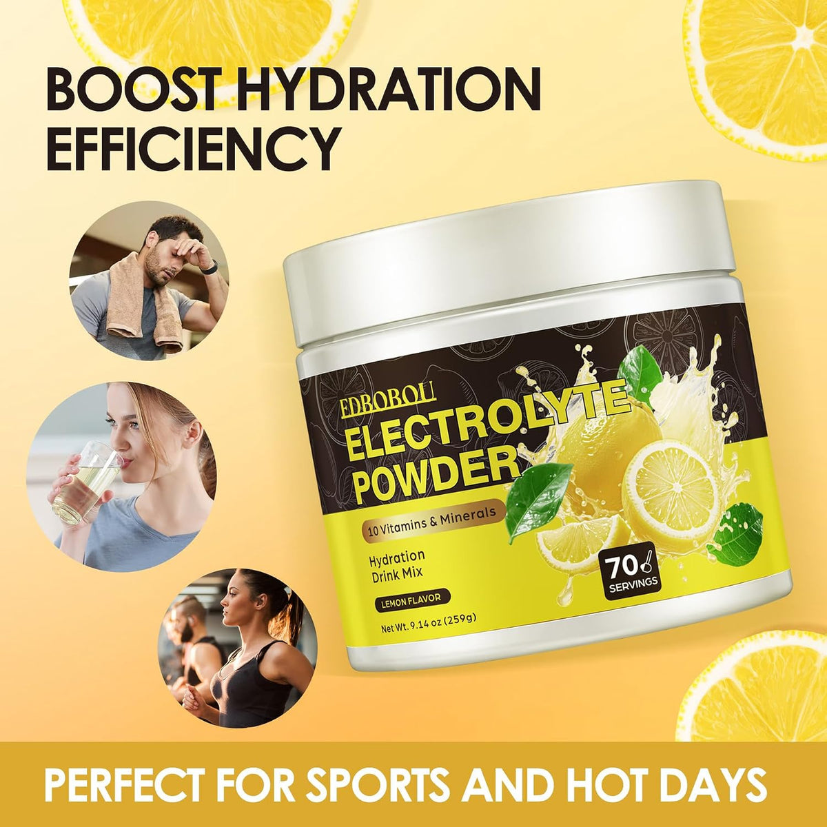Sugar Free Electrolyte Powder - Lemon Flavor 70 Servings Refreshing Hydration Mix with Potassium, Sodium & Magnesium Fast-Absorbing Hydration Supplement, Gluten-Free, Ideal for Athletes