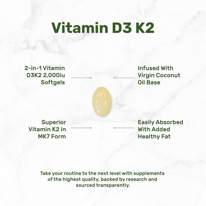 DEAL SUPPLEMENT Vitamin D3 2,000 IU + K2 MK7 50mcg Softgels | 2-in-1 Complex with Virgin Coconut Oil | Supports Heart, Bone, Teeth & Immune Health | Easy to Swallow