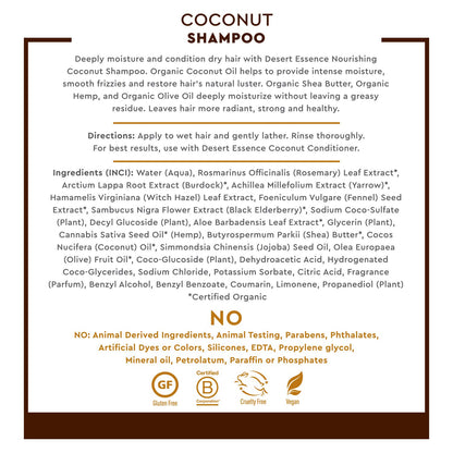 Desert Essence Coconut Shampoo, 8 fl oz - Gluten Free, Vegan, Paraben Free - Nourishing for Dry Hair with Coconut Oil, Shea Butter, & Hemp Oil - Mousturizes & Smooths Frizz 8 fl oz.
