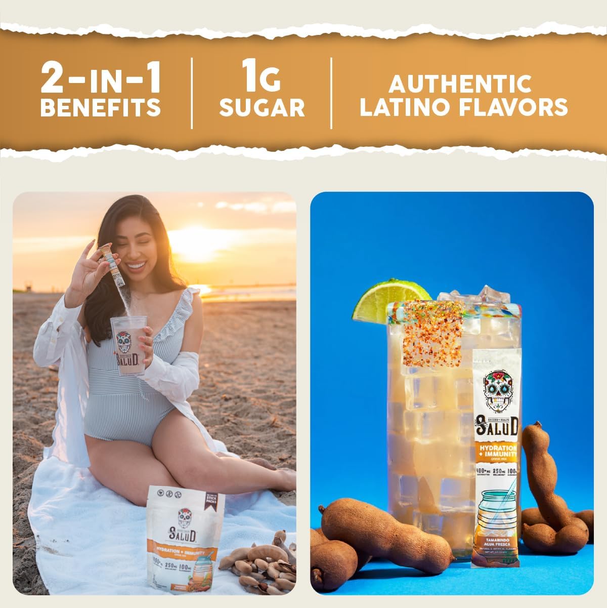 Salud 2-Pack | 2-in-1 Hydration + Immunity (Tamarindo) & Energy + Focus (Cucumber Lime) – 15 Servings Each, Agua Fresca Drink Mix, Non-GMO, Gluten Free, Vegan, Low Calorie, 1g of Sugar