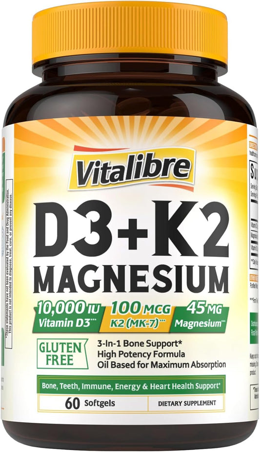 Vitalibre Vitamin D3 K2 10000 IU + Magnesium Glycinate, 60 Mini Softgels | High Absorption D3 K2 Vitamin 10000 IU for Bone, Teeth, Immune & Energy Support, Non-GMO, Easy to Swallow