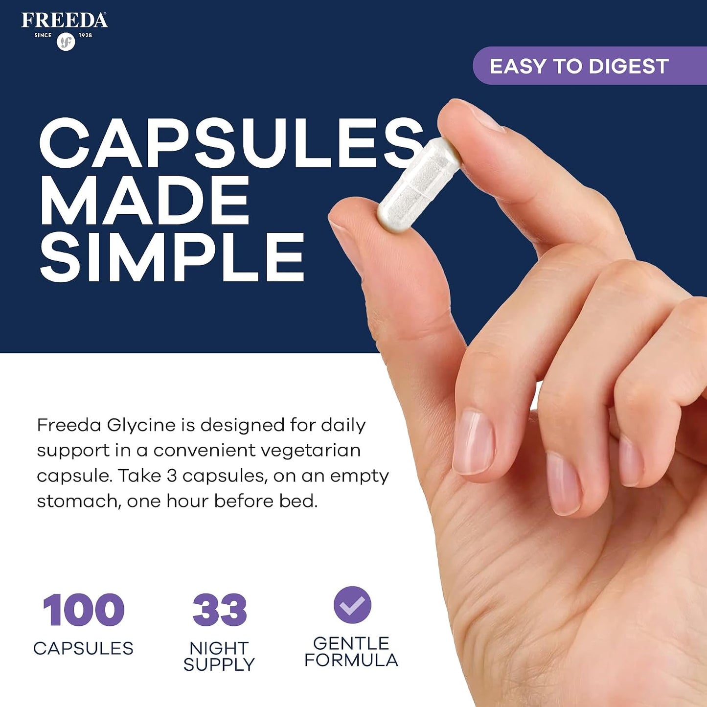 FREEDA Pure Glycine 1800mg Amino Acid Supplement – 100 Capsules | Supports Relaxation, Sleep Quality & Recovery with Pure L-Glycine - Vegan, Kosher, and Gluten-Free Formula