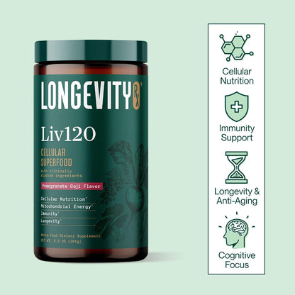 Liv120 Superfood Powder, Antioxidant Blend with Pomegranate, Turmeric, Mulberry, Soursop, Noni, Non-GMO, Vegan, for Energy, Detox, Immunity