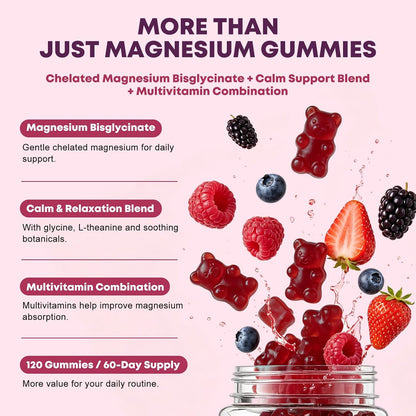 Magnesium Bisglycinate Chelate Gummies, 400 mg High Absorption Magnesium Bisglycinate with L-theanine Supplement for Women and Men, Calm, Sleep, Muscle, Bone Support, Sugar Free, Vegan, 60 Day Supply