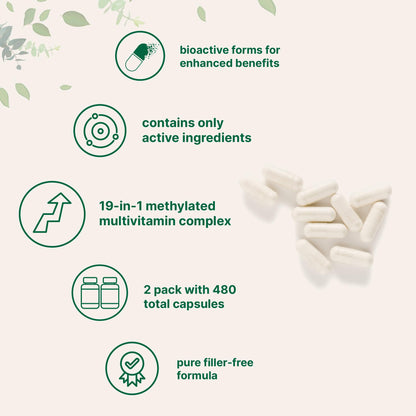 Micro Ingredients Pure Methylated Multivitamin, 240 Capsules | 19-in-1 Formula with Vitamins C, D, B12, Folate, Magnesium, Zinc & More | Filler Free, Non-GMO